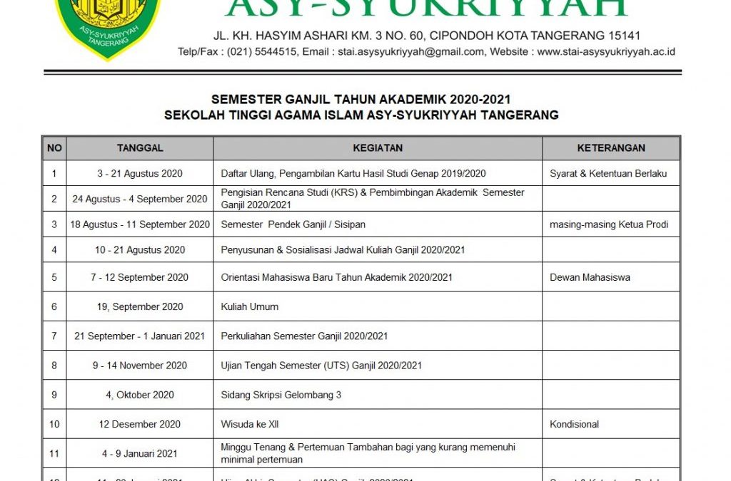 Kalender Akademik Semester Ganjil 2020-2021
